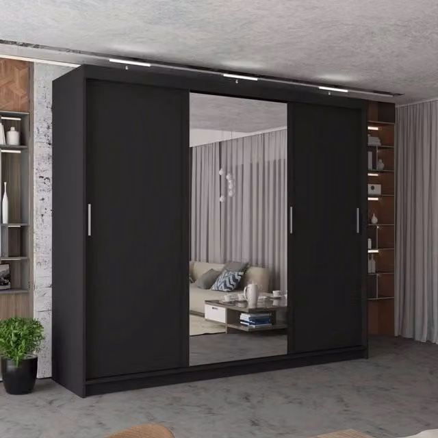 MN Furniture Modern 3 Door Sliding Wardrobe with LED Lighting, Mirror and Internal Drawers, Black, Width: 250 cm
