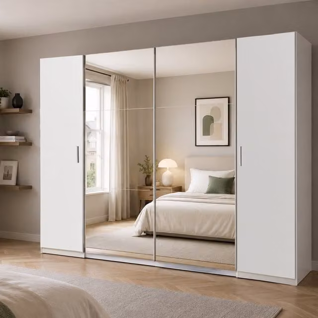 KDMD Lotto 4 Door Mirrored Sliding Wardrobe in Matt White, Width: 315 cm