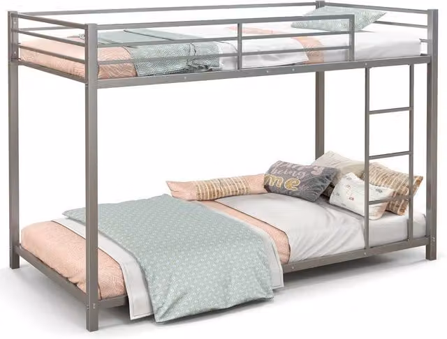Gymax Metal Low Profile Single Over Single Bunk Bed with Ladder in Silver – 1