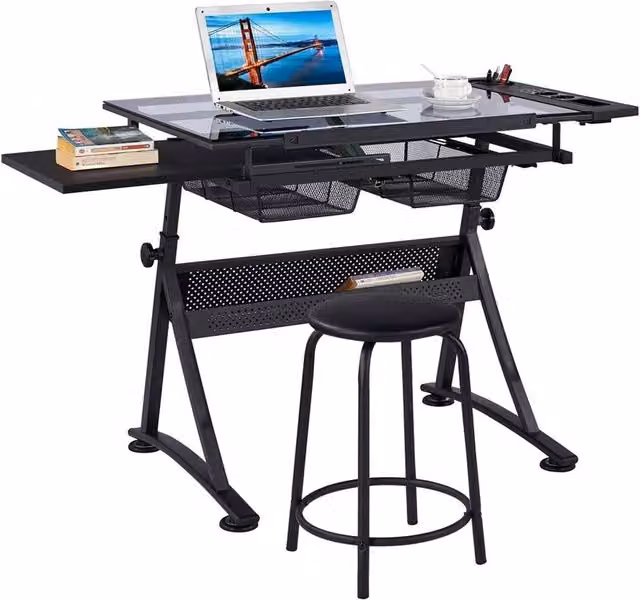 KORVIXA Black Drafting Table and Computer Office Desk with Height Adjustable Tilting Top, Width: 100 cm – 1