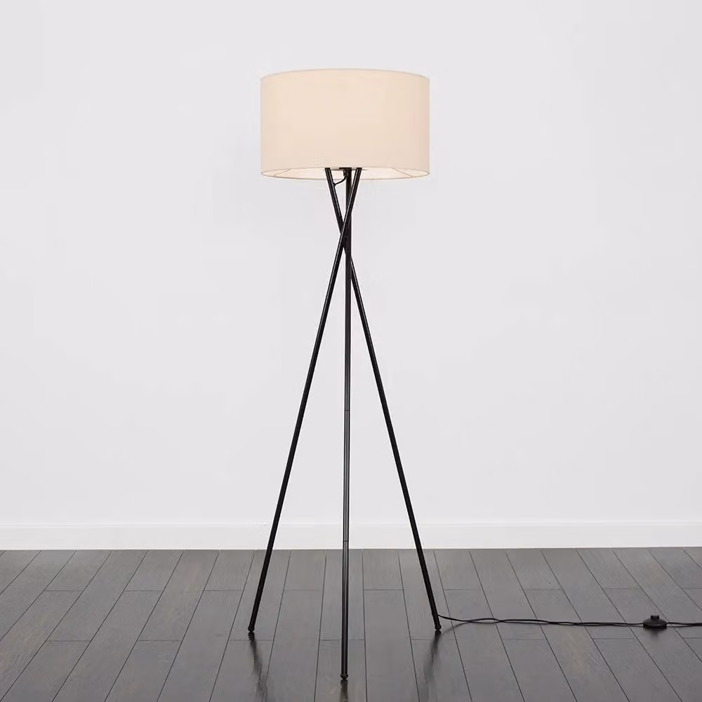 ValueLights Camden Black Metal Tripod Floor Lamp with Natural Fabric Drum Shade and LED Bulb, H 148 cm x W 62 cm – 2