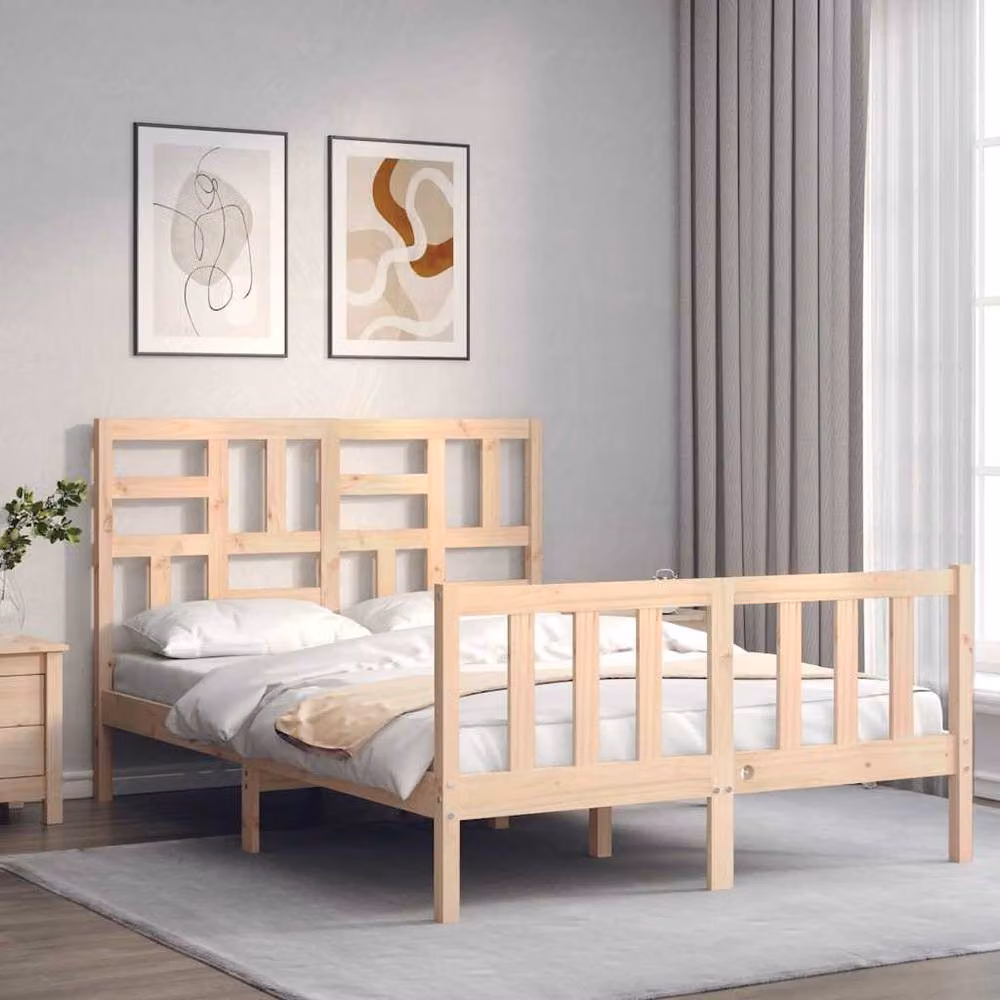 Berkfield Home Beautiful Bed Frame with Headboard in Natural Solid Pine, W/D/H: 140 x 190 x 104 cm – 2