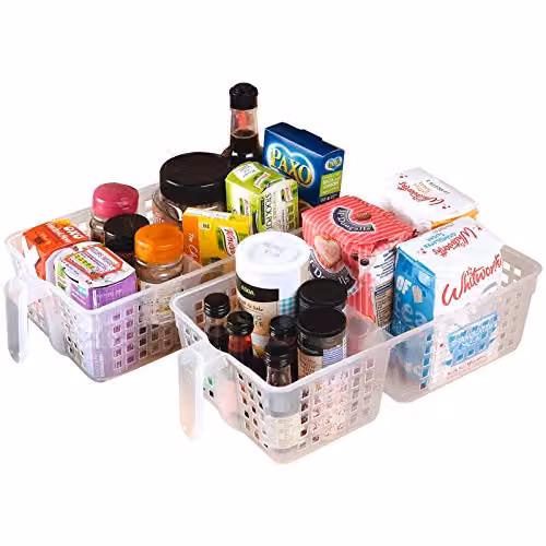 mysmartbuy 2 x Plastic Organiser Baskets with Handles in Transparent, H 9 cm x W 15 cm x D 30 cm