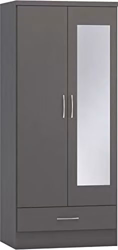 Seconique Nevada Matt Grey 2 Door Mirrored Wardrobe with 1 Drawer