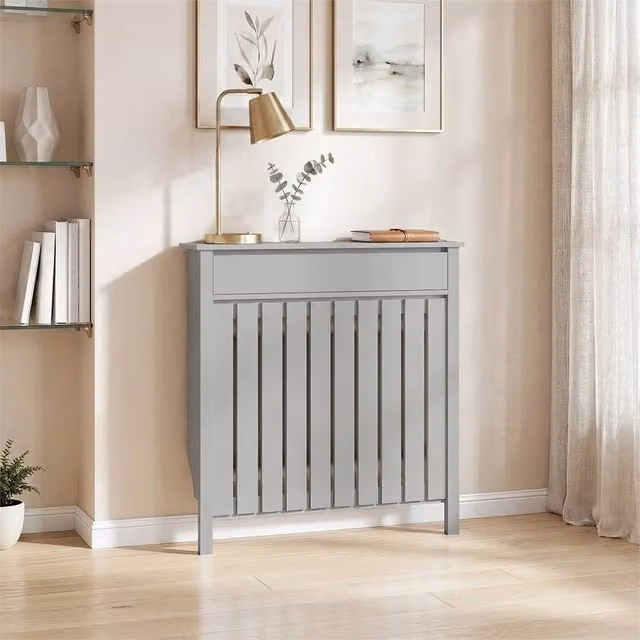 Nordara Radiator Cover with Drawer and Vertical Slats in Grey, W: 93 cm, H: 88.5 cm, D: 19 cm