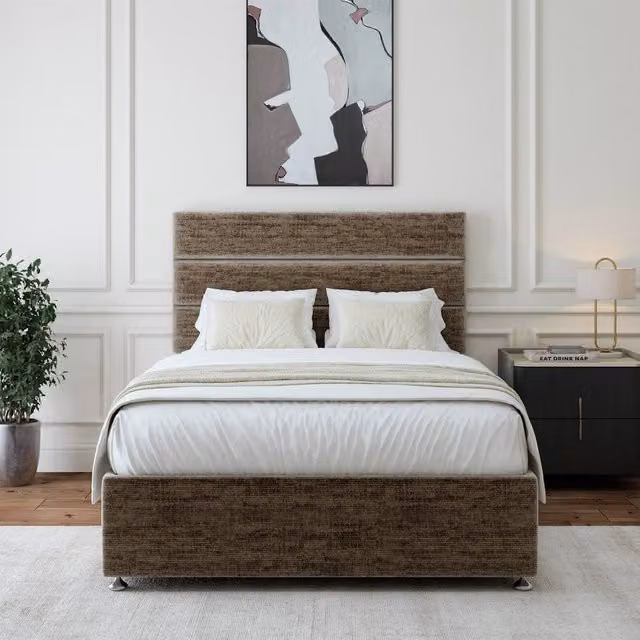 Bedmaster Brown Chenille Upholstered Divan Base with Drawers and Lined Headboard, W/D/H: 140 x 200 cm