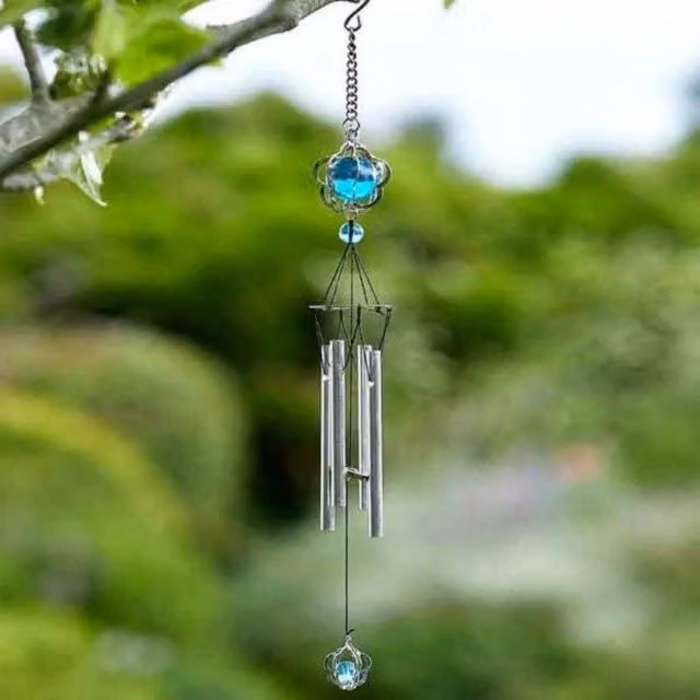 Marco Paul Silver Geometric Glass and Metal Hanging Garden Windchime