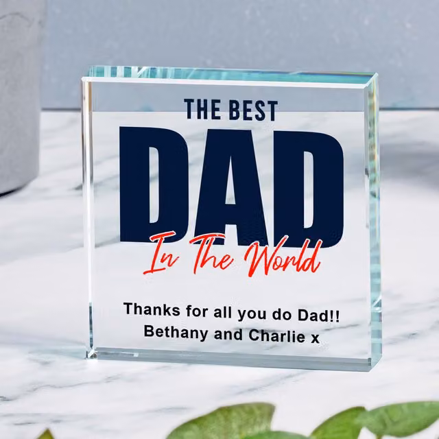 Uniqueful Personalised Best Dad in the World Glass Token in Transparent and Beige