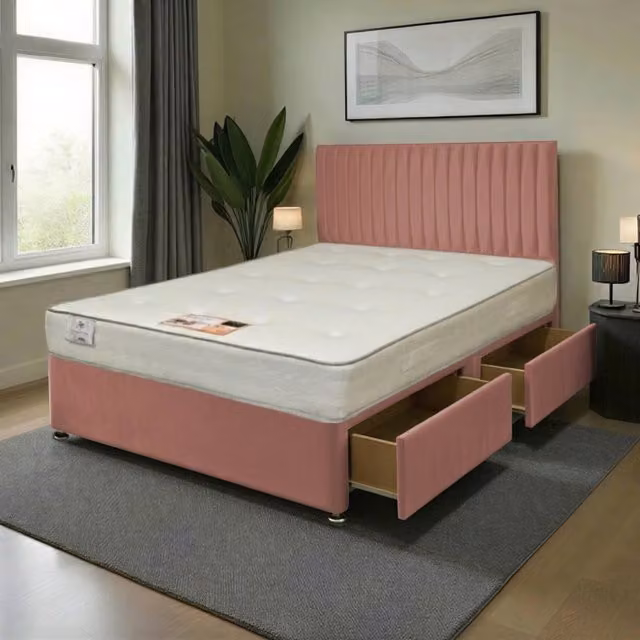 Knight Sleep Emily Plush Bed Set with Hybrid Mattress and 54 inch Headboard in Pink