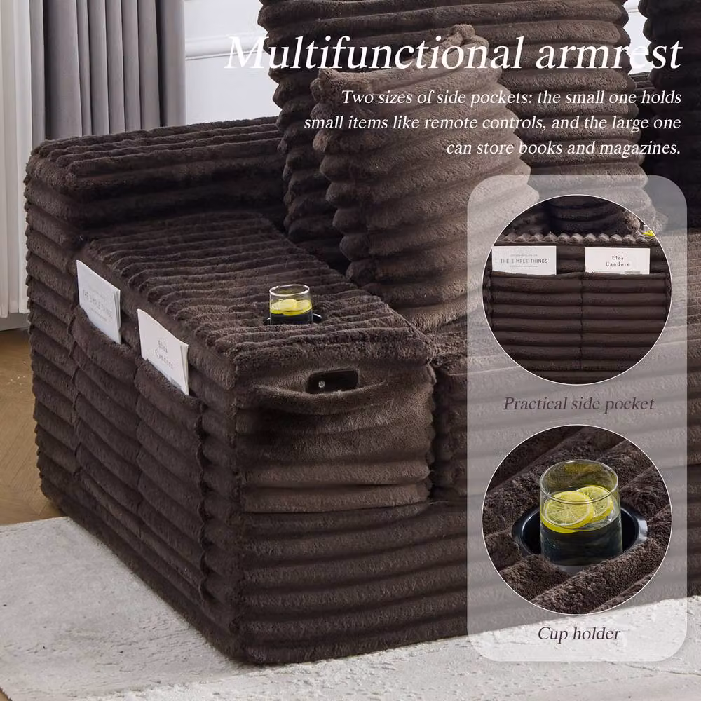 Matteo Corduroy Convertible Sofa Bed with Cup Holders and Pockets in Brown – 7