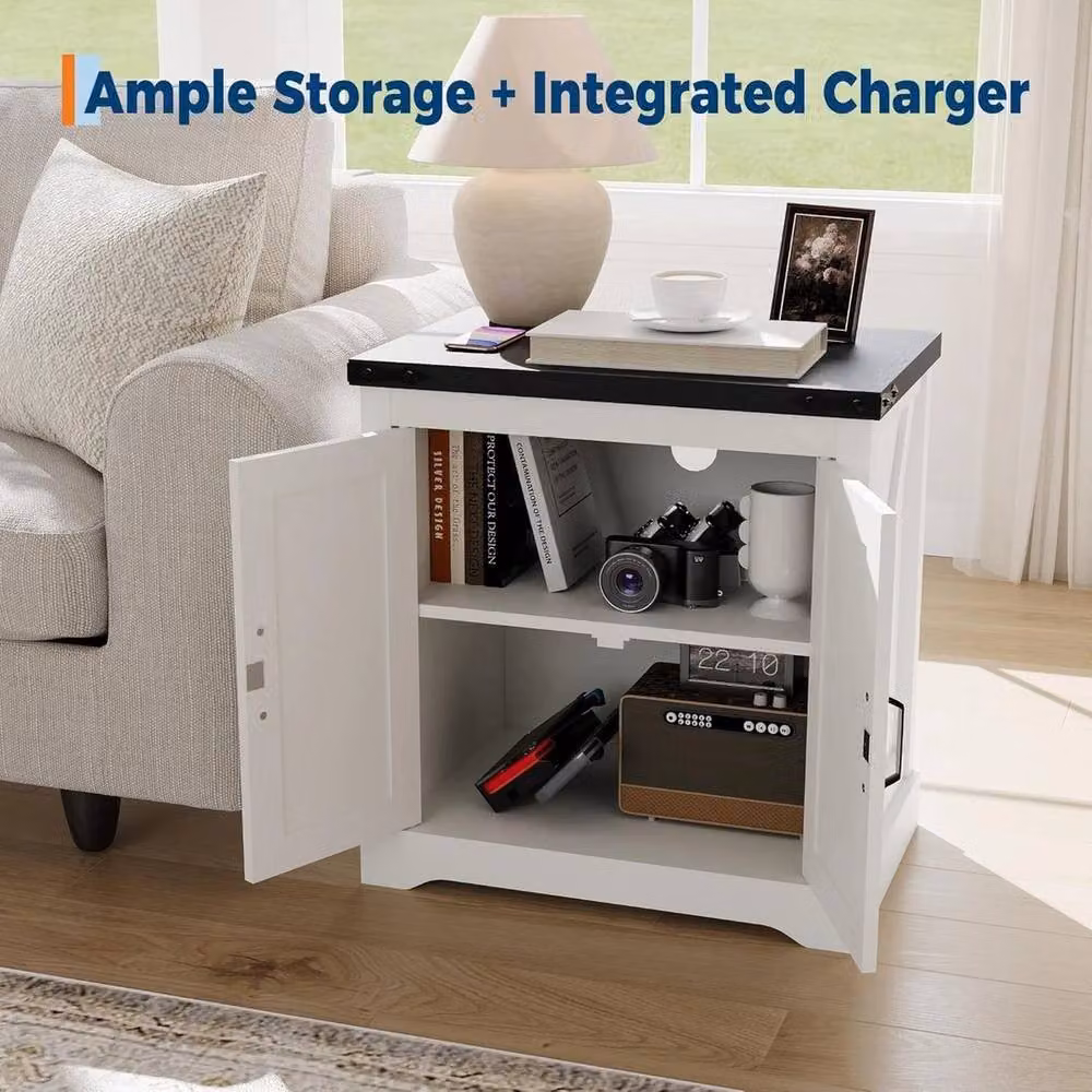 KORVIXA Rustic Side Table with USB Charging Station in White, Width: 100 cm – 3