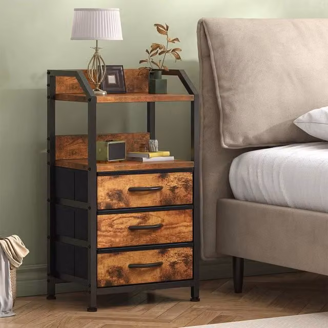 FORGEVIO Rustic Brown Bedside Table with 3 Fabric Drawers, W/D/H: 40 x 35 x 75 cm – 1