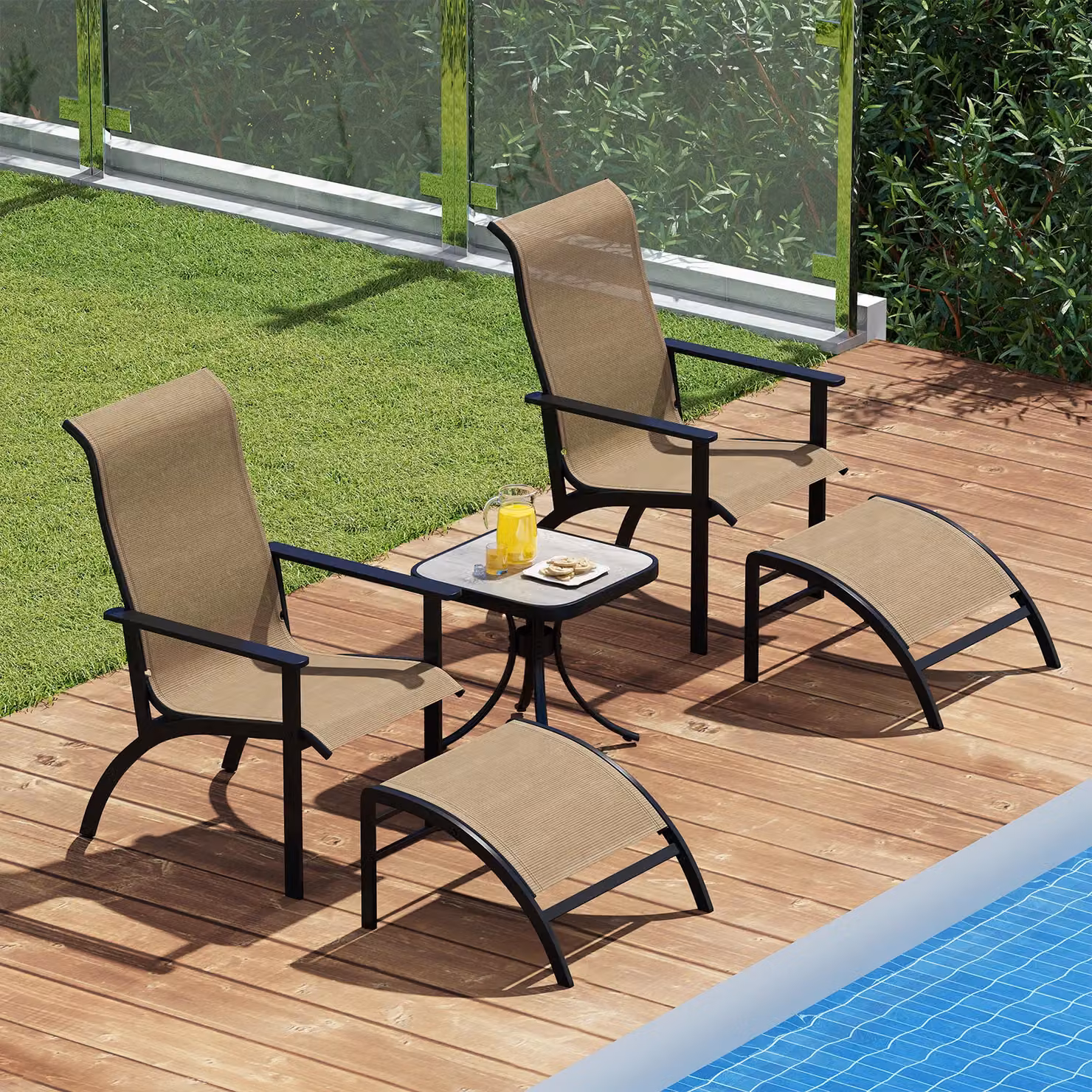 Gymax 5 Piece Outdoor Lounge Chair Set with Ottomans and Side Table in Brown – 5
