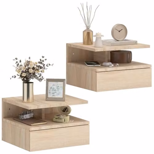 HOMCOM Set of 2 Floating Bedside Tables in Brown, Wall Mounted Nightstands with Storage Drawer and Open Shelf