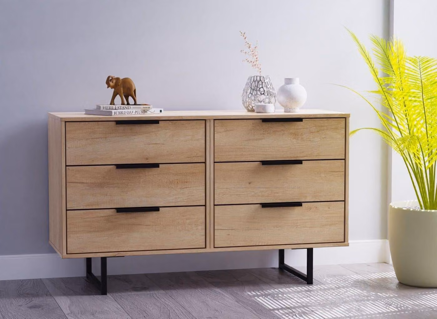 Dakota 6-Drawer Chest in Oak with Soft-Close Drawers and Industrial Metal Accents