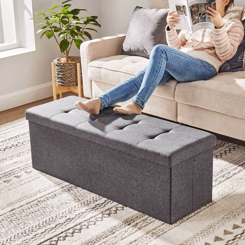 Dprodo Linen Storage Ottoman and Folding Foot Rest Stool in Dark Grey, W/D/H: 110 x 38 x 38 cm – 7