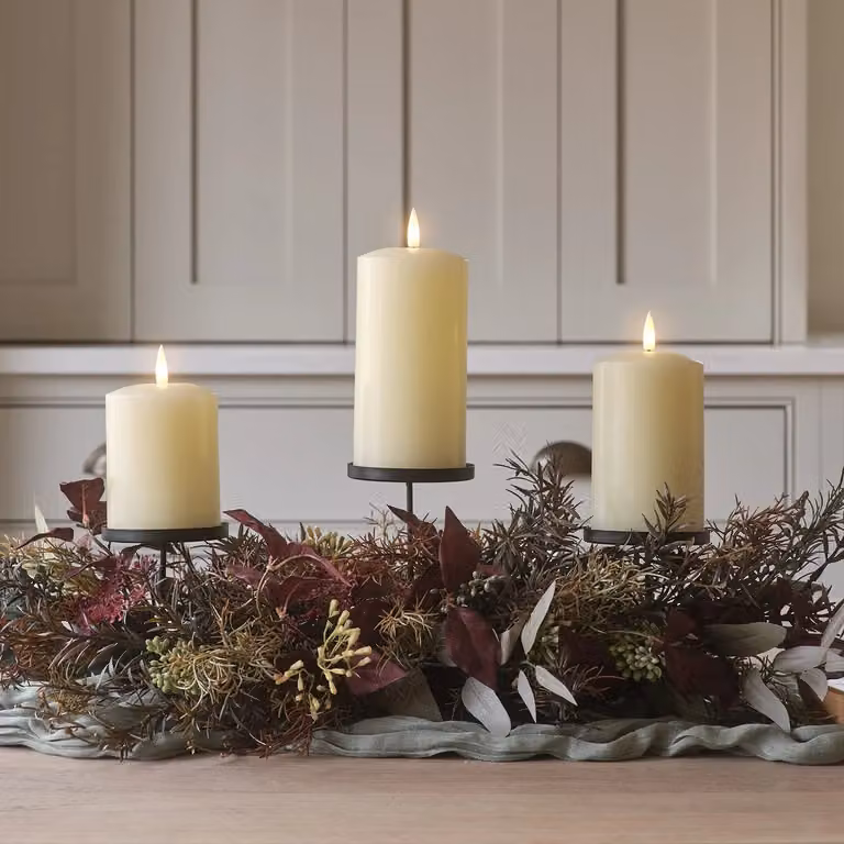 Autumn Winter Trio Metal Candle Holder with TruGlow Pillar Candles in Red, Grey, Green and White, Height: 70 cm