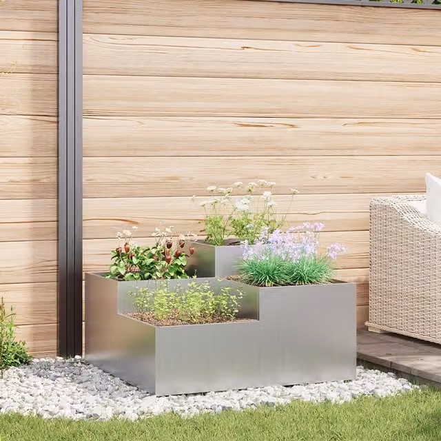Berkfield Home Ornamental Garden Planter Tub in Silver Galvanised Steel, W/D/H: 100 x 100 x 48 cm