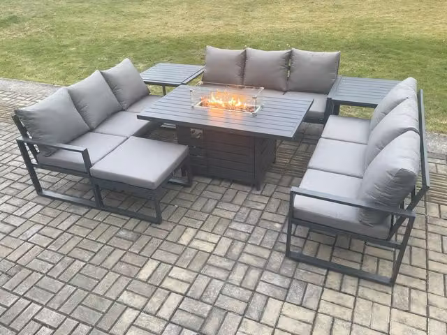 Fimous 10 Seater Aluminium Garden Furniture Set in Dark Grey with Gas Fire Pit Dining Table, Lounge Sofa, Footstool and 2 Side Tables