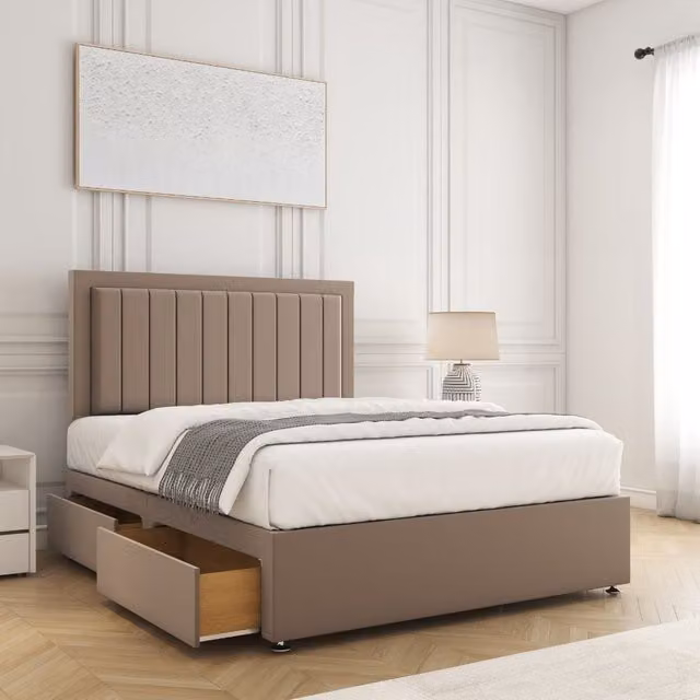 BSSPOKE Zarah King Size Divan Bed with 24 inch Headboard, 2 Drawers and Mattress in Bronze Plush Velvet