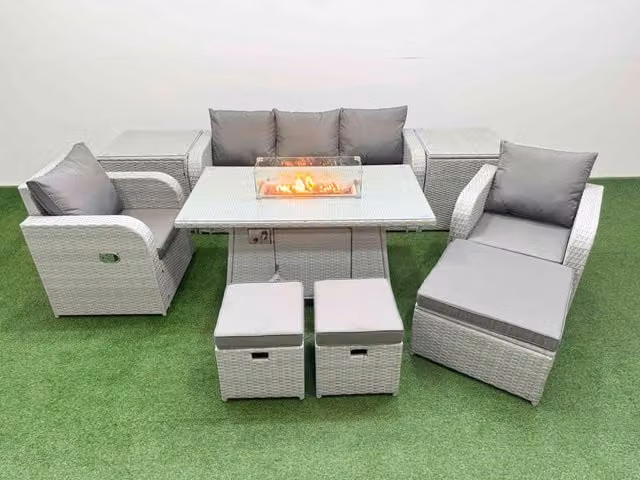 Fimous PE Rattan Garden Furniture Set in Light Grey with Reclining Chairs, Sofa, Firepit, Dining Table, 2 Side Tables and 3 Stools