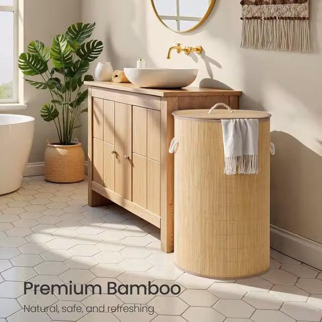 SONGMICS 90 L Bamboo Laundry Storage Basket with Lid, Yellow