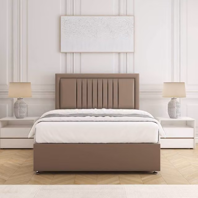 BSSPOKE Canes Divan Bed Set with 24 inch Plush Velvet Headboard and Mattress in Bronze, Double, W/D/H: 140 x 200 cm
