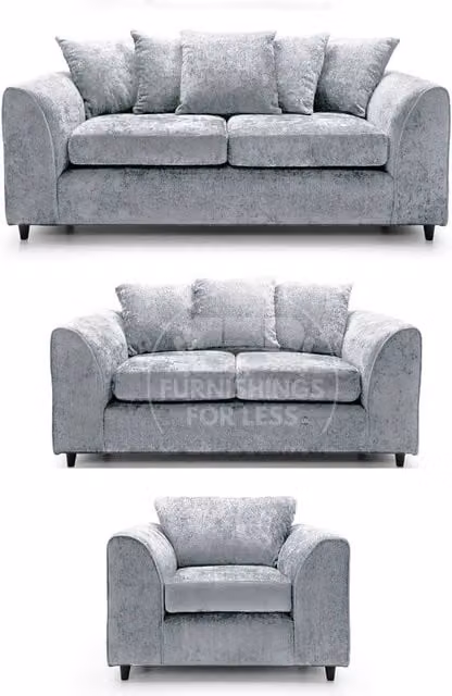 Furnishings For Less UK Monaco Chenille Fabric 3 Piece Sofa Suite in Light Grey, including 3 Seater Sofa, 2 Seater Sofa and Armchair with Scatter Back