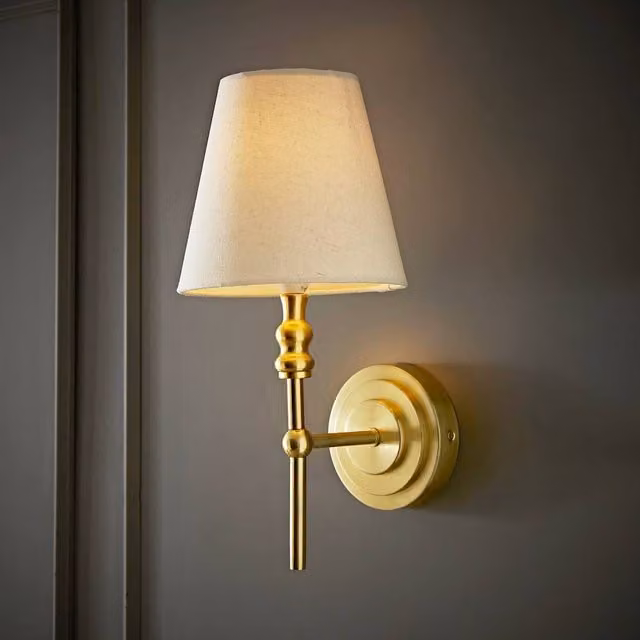 ValueLights Maggie Candlestick Wall Light with Beige Fabric Shade in Gold/Brass