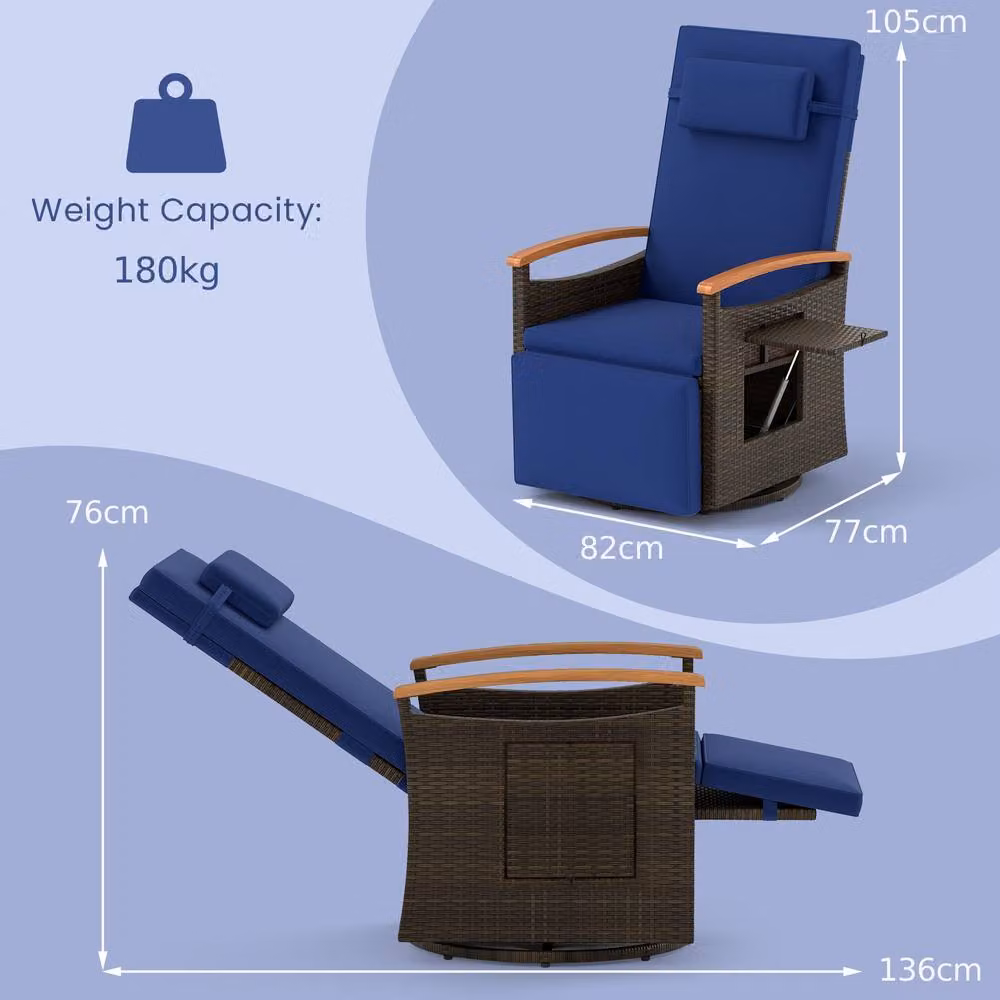 Gymax 360 Swivel Wicker Lounge Chair with Flip Side Table and Adjustable Headrest in Blue – 2