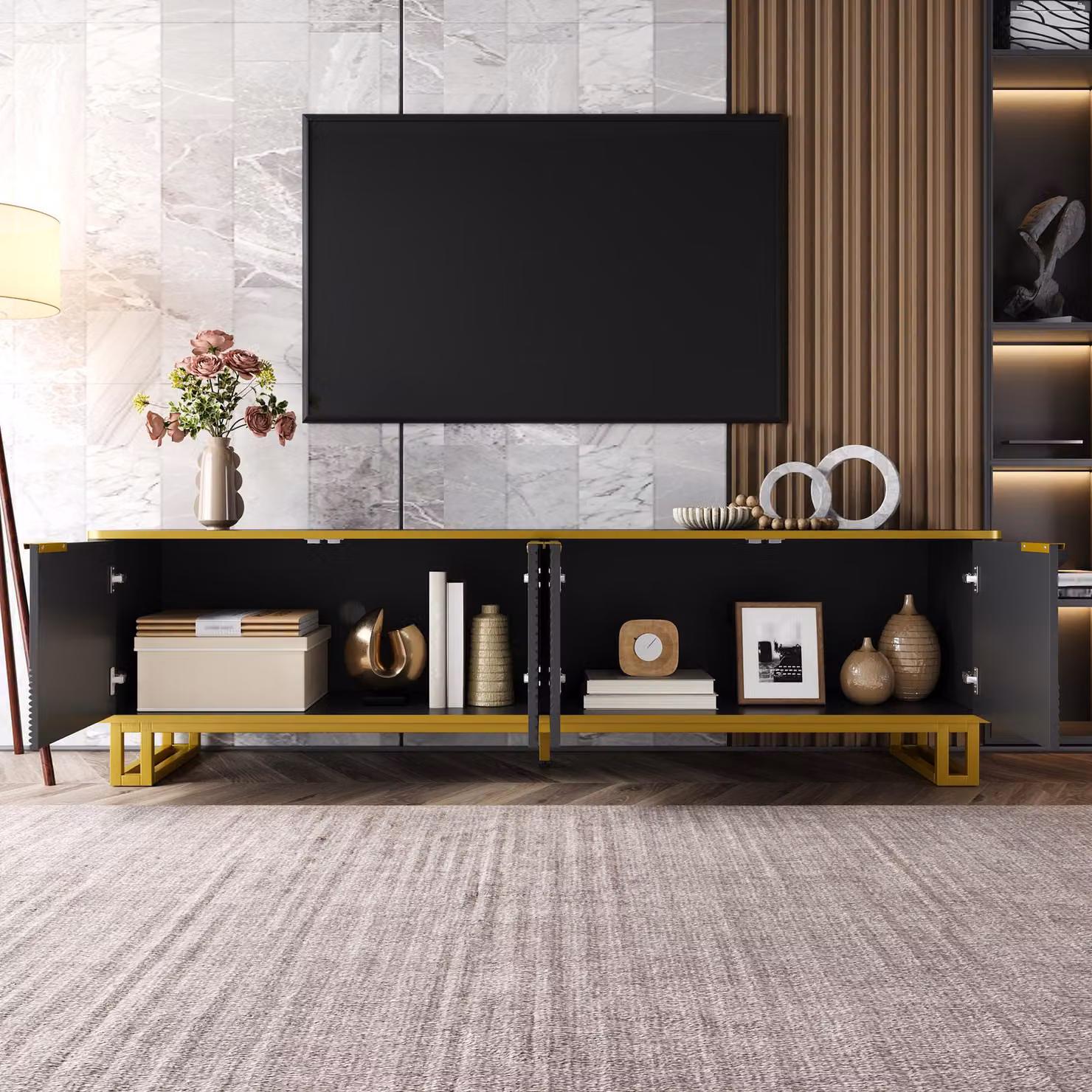 Aosom UK Modern Black TV Cabinet with 4 Geometric Embossed Doors and Open Top Shelf, W: 160 cm, D: 37.5 cm, H: 48 cm – 3