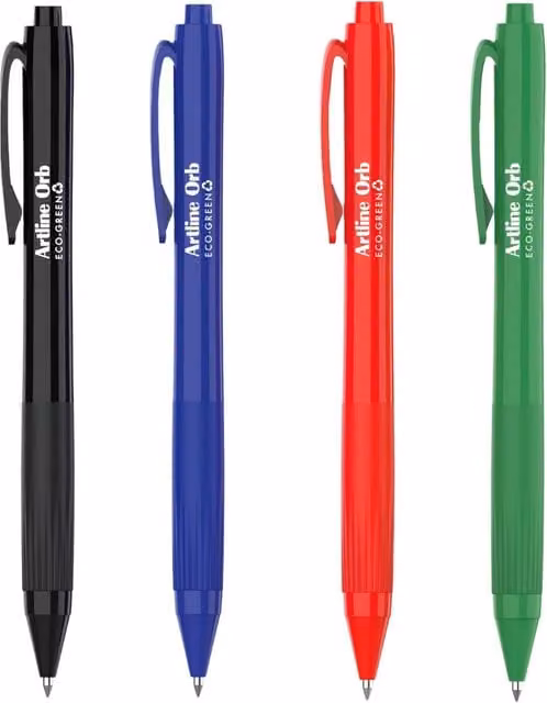 Artline Eco-Green Orb Ballpoint Pens with 1mm Nib, Pack of 4, Assorted Colours