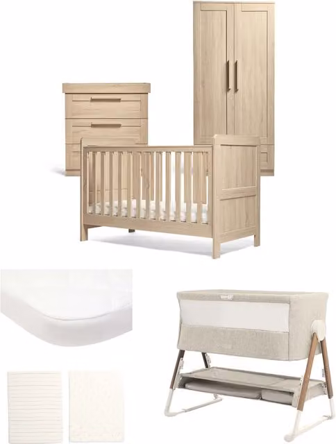 Mamas & Papas Atlas Nursery Bundle with Lua Bedside Crib, 6 Piece, Light Oak
