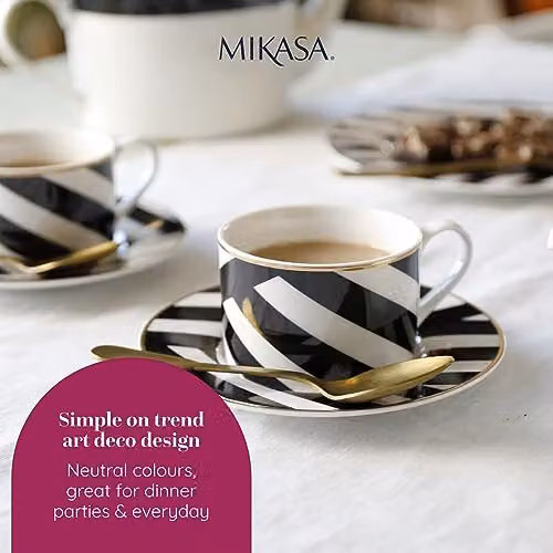 Mikasa Luxe Deco Geometric Bone China Tea Cup and Saucer Set of 2, 200ml, Black, White and Gold – 3