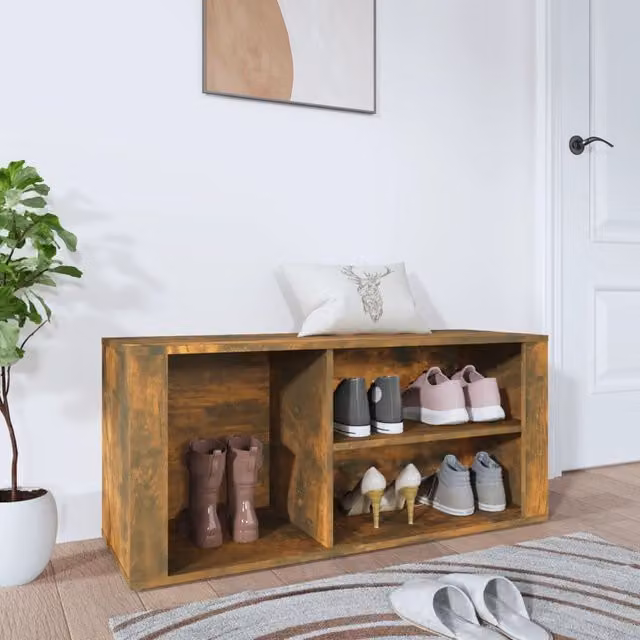 Berkfield Home Smoked Oak Shoe Cabinet in Brown with Integrated Seat, W/D/H: 100 x 35 x 45 cm – 1