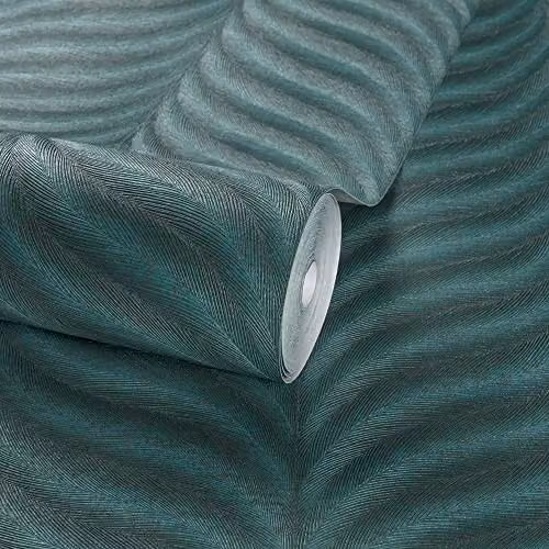Grandeco Boutique Collection Organic Feather Embossed Vinyl Wallpaper, Petrol Green and Gold