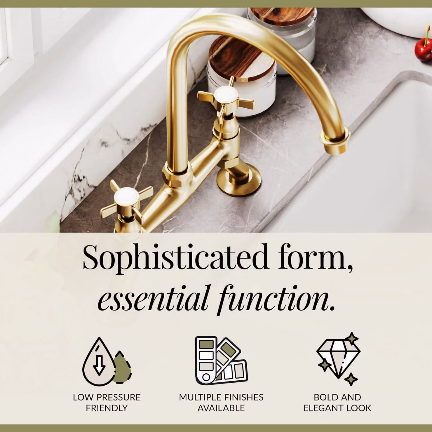 Balterley Traditional Kitchen Bridge Mixer Tap with Dual Crosshead Handles and Swivel Spout, Brushed Brass, H x W x D: 51.0 x 23.5 x 20.0 cm – 3