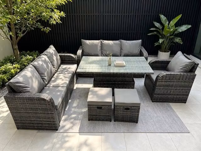 Fimous Rattan Garden Dining Set with Reclining Sofa and Footstool in Dark Grey