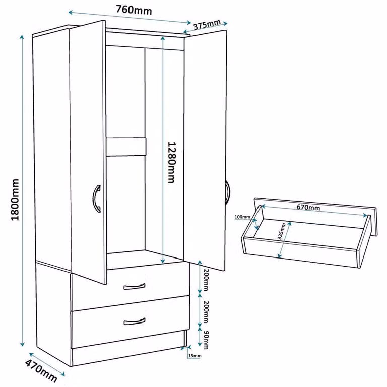 FLAVORA High Gloss White 2 Door Wardrobe with 2 Drawers and Mirrored Doors