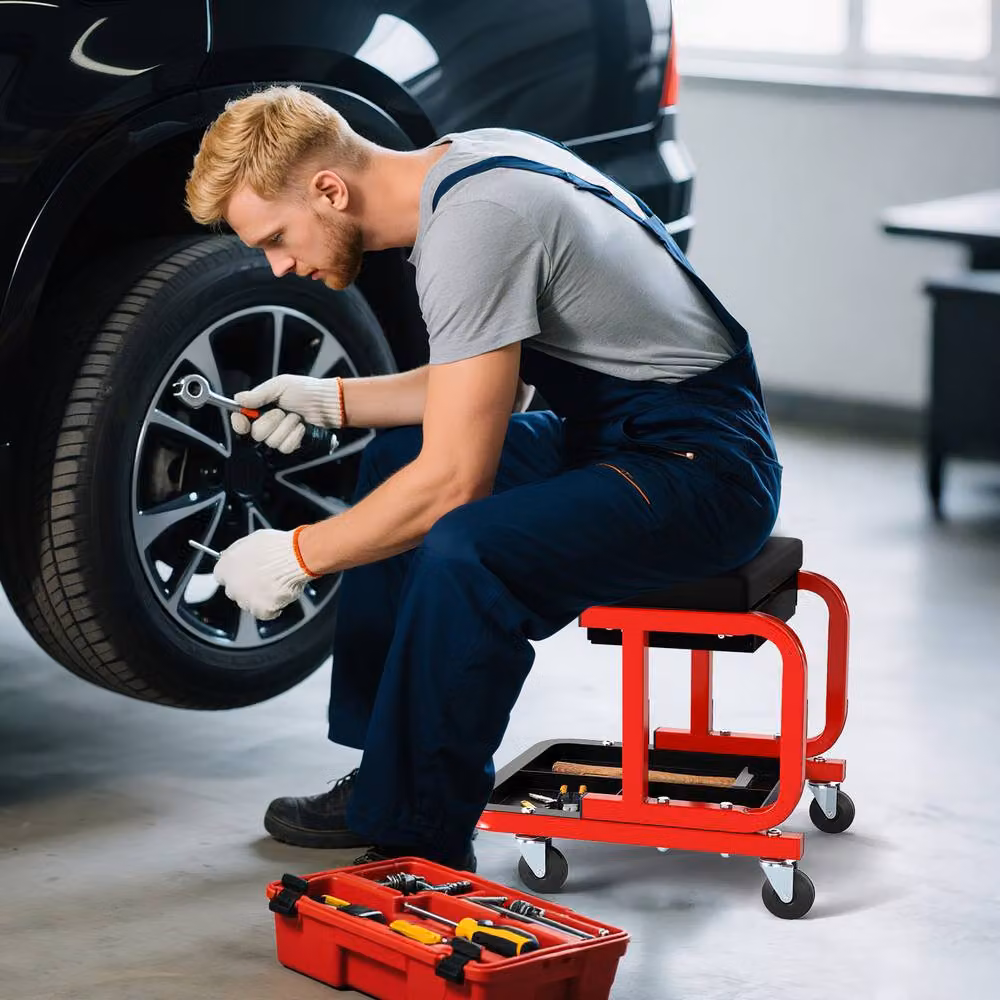 Costway Rolling Creeper Seat Padded Mechanic Stool with Drawer in Red and Multicolour – 8