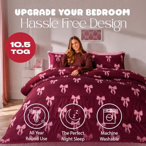 OHS 10.5 Tog Coverless Microfibre Duvet and Pillowcase Set with Bow Print, Burgundy, King Size – 2