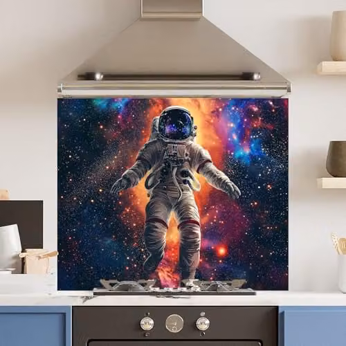 Floating Space Multicolour Toughened 6mm Glass Kitchen Splashback with Polished Edge, W: 90 cm, H: 75 cm – 1