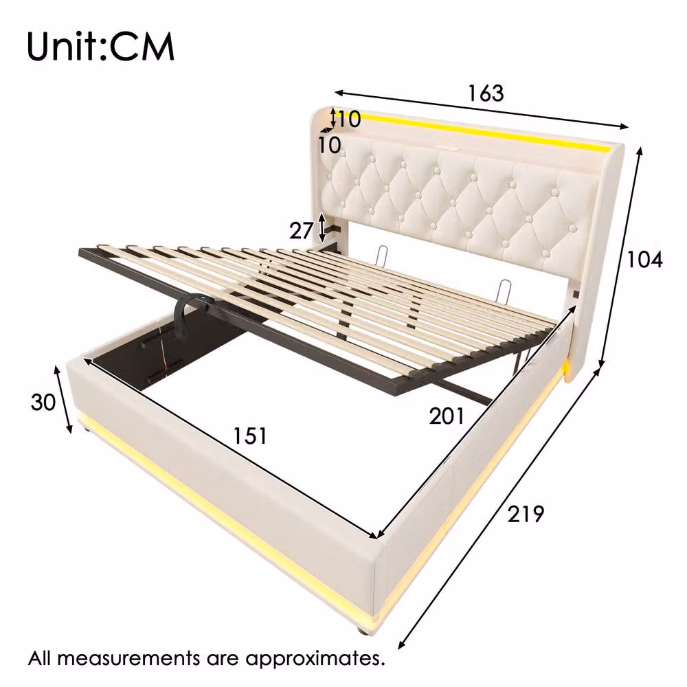 Rolipo King Size Ottoman Bed in White Synthetic Leather with LED Lighting, USB Charging Port and Hydraulic Storage, W/D/H: 180 x 200 cm – 2