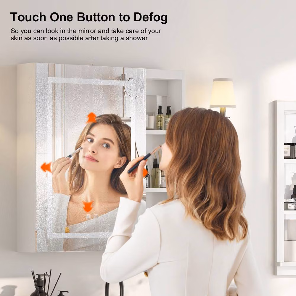 KEEPREAPER White Mirrored Bathroom Cabinet with 3-Colour LED Lighting, Shaver Socket, Demister and Open Shelf, W/H: 70 x 70 cm – 2