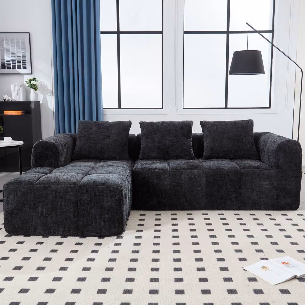 GOMYWAY Matteo L-Shape Modern Sleeper Sofa in Black Upholstered Chenille Boucle Fabric with Left-Facing Design and Removable Covers – 3