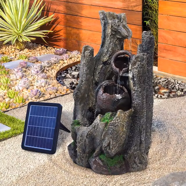 Livingandhome Rustic Wood and Pots Cascade Solar Water Fountain in Brown