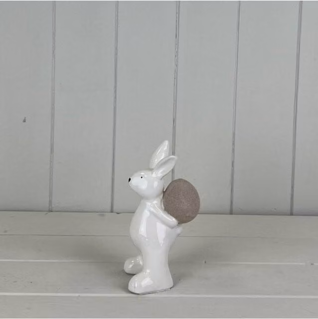 KDMD White Ceramic Rabbit Holding Egg Tabletop Decoration