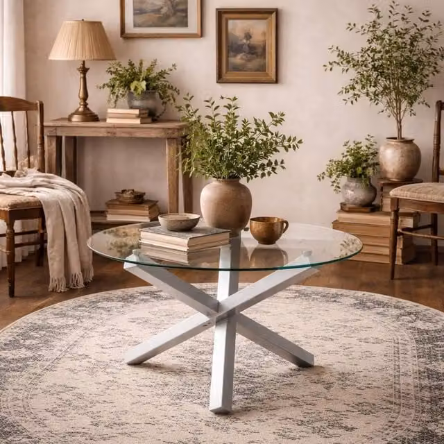 Wyld Haus San Sebastian Round Glass Dining Table, Transparent and Silver, Diameter: 120 cm, Height: 75 cm