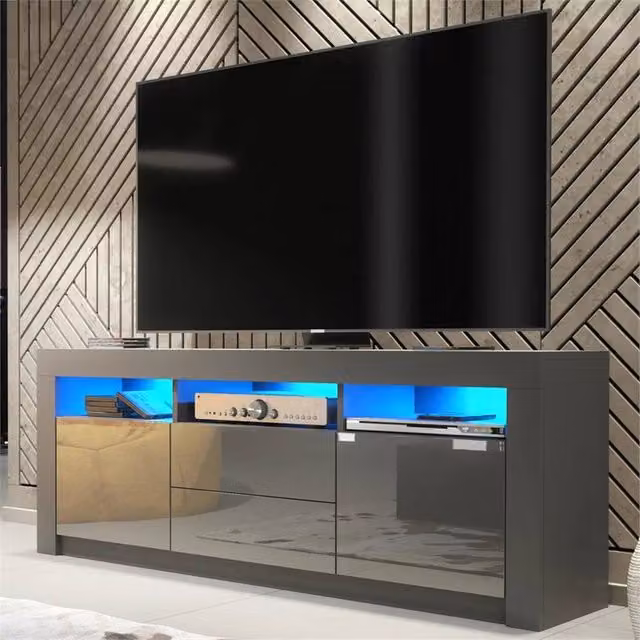 FORGEVIO Modern Grey TV Stand Cabinet with Matt Body and Gloss Doors – 1