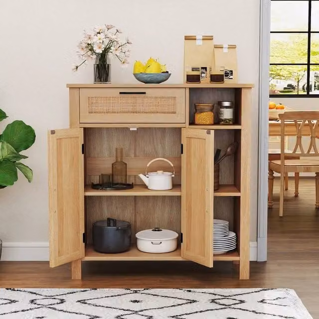 KORVIXA Brown Wood and Rattan Kitchen Buffet Sideboard Storage Cabinet